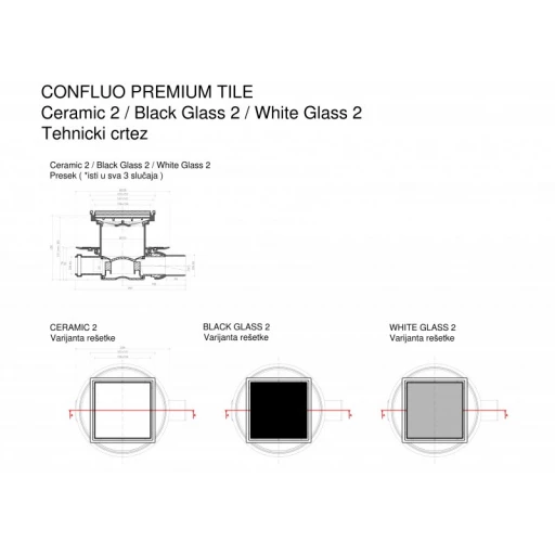 Точечный трап PESTAN Confluo Standard Ceramic, Точечный трап 150х150 мм Confluo Standard Ceramic 3, полая под плитку, с рамкой