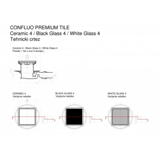 Точечный трап PESTAN Confluo Standard Ceramic, Точечный трап 150х150 мм Confluo Standard Ceramic 4, полая под плитку, с рамкой