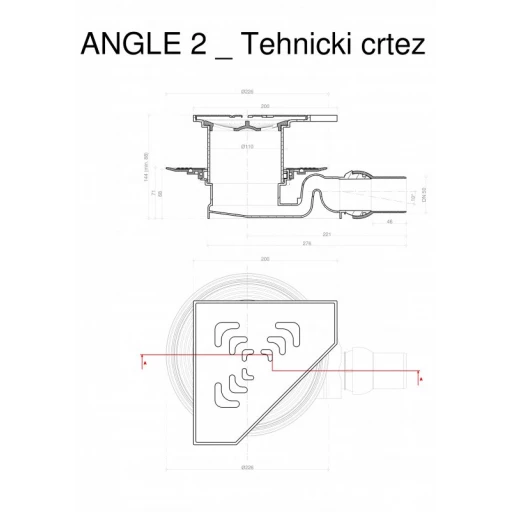 Угловой трап PESTAN Confluo Standard Angle, Угловой трап 194х194 мм Confluo Standard Vertical Angle, металл с перфорацией Square (квадрат)